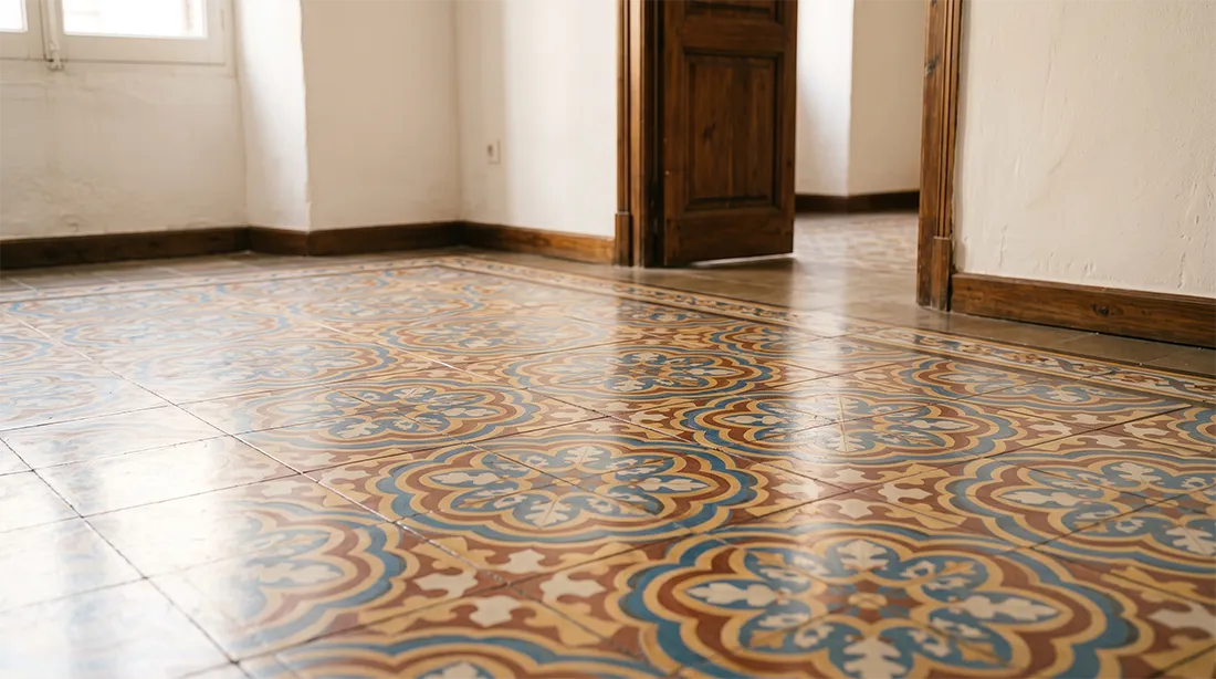 Suelo hidráulico original restaurado en un piso antiguo de Zaragoza